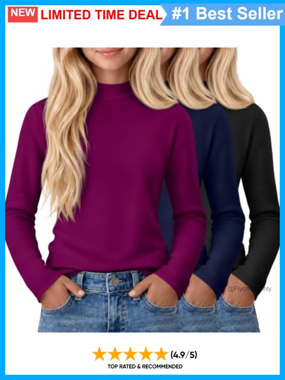 Girls 3 Pack Mock Turtleneck Long Sleeve Shirts Soft Layering Tops